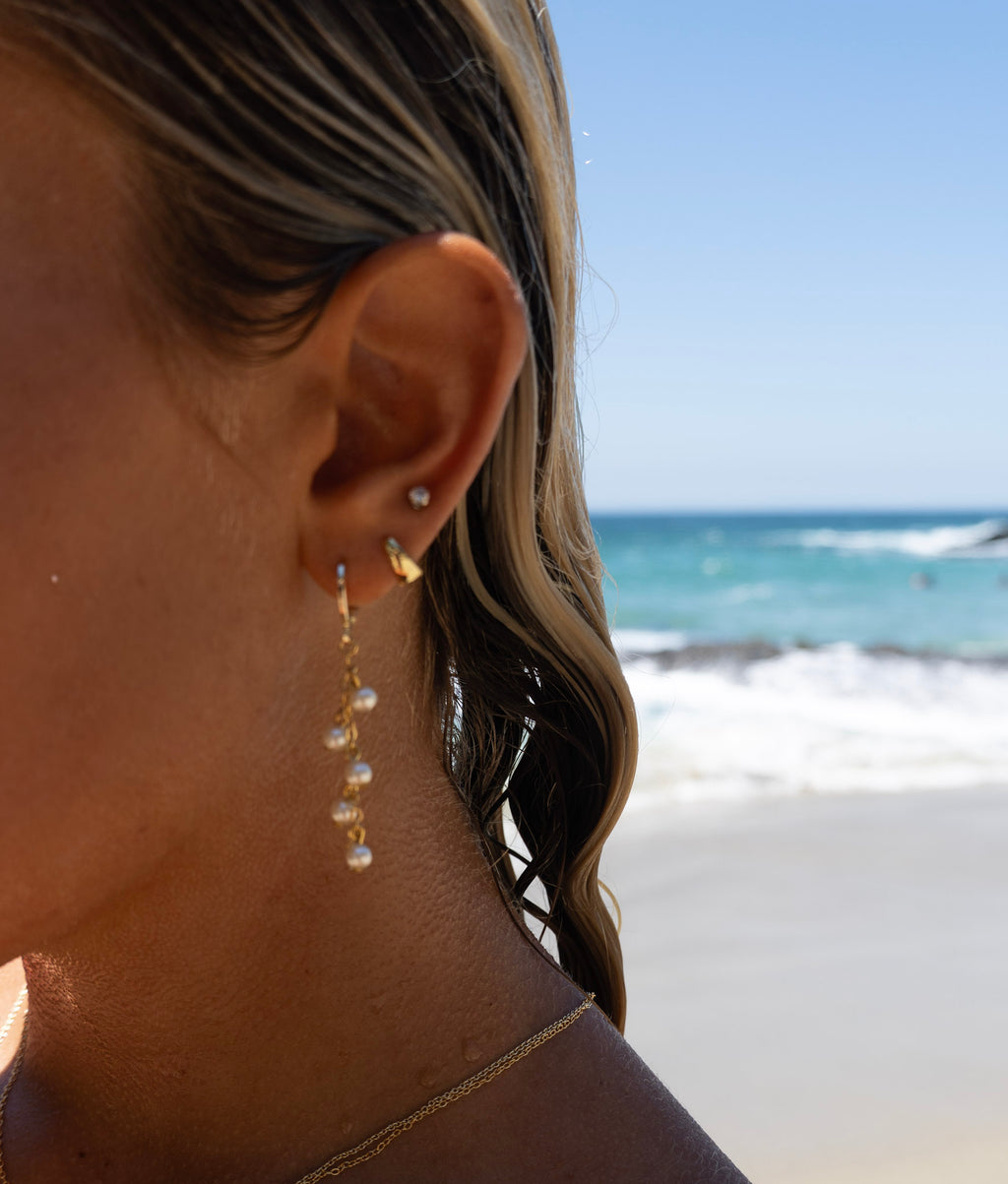 Huggie Pearl Chain Drop Earrings